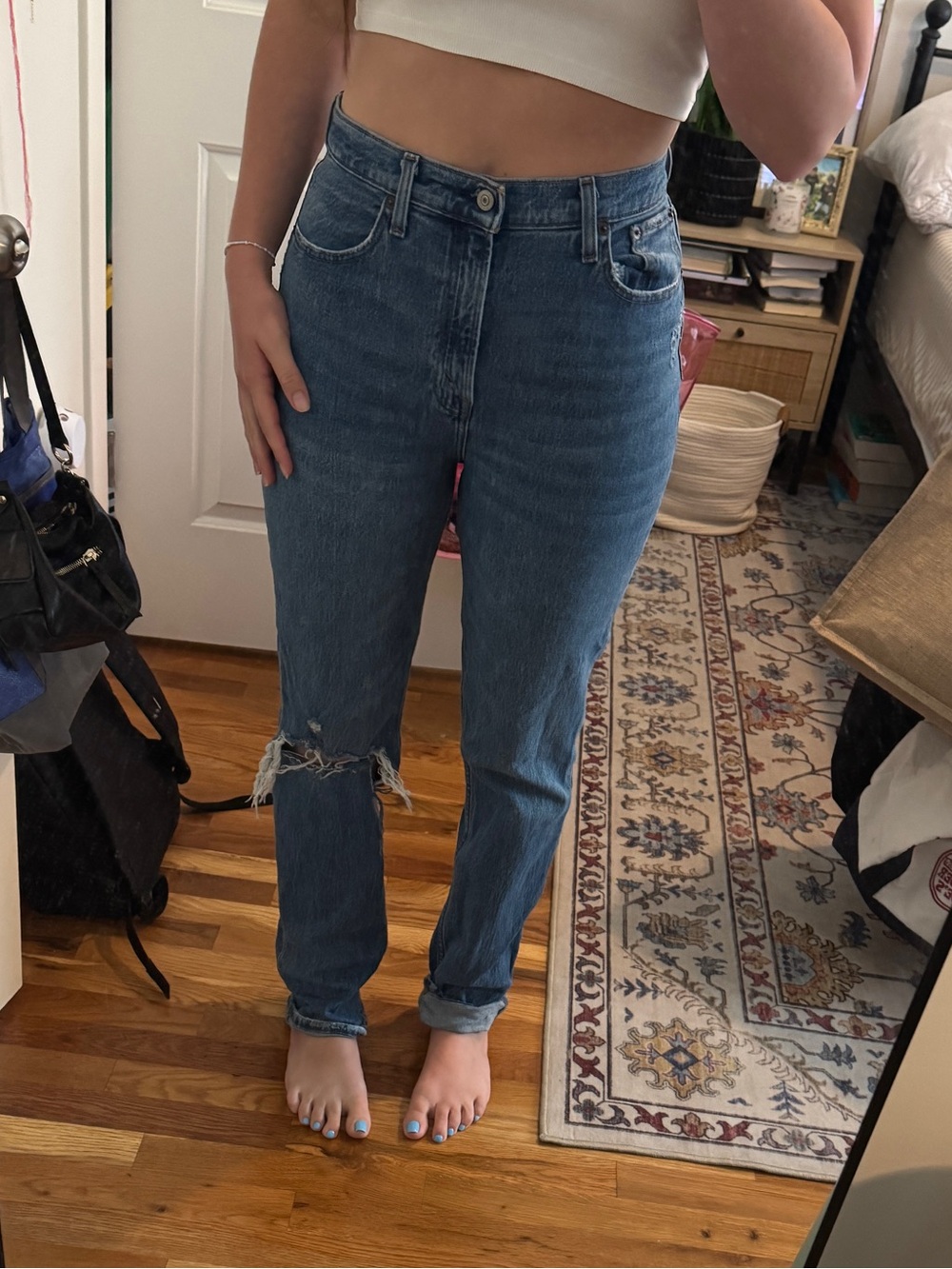 Abercrombie Curve Love High Rise Distressed Straight Leg Jeans - Blue